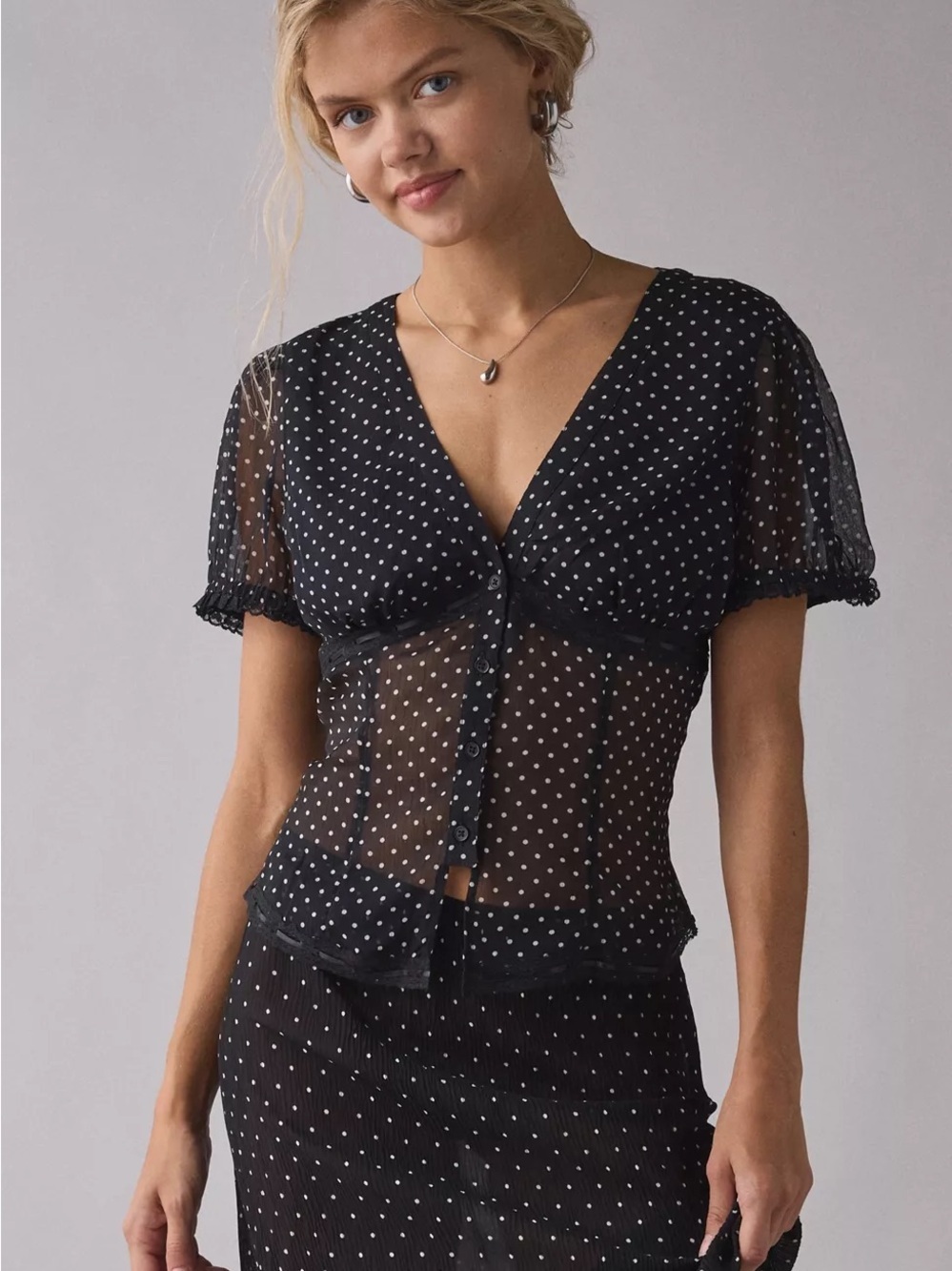 UO Mitchelle Semi-Sheer Polka Dot Chiffon Puff Sleeve Blouse XS